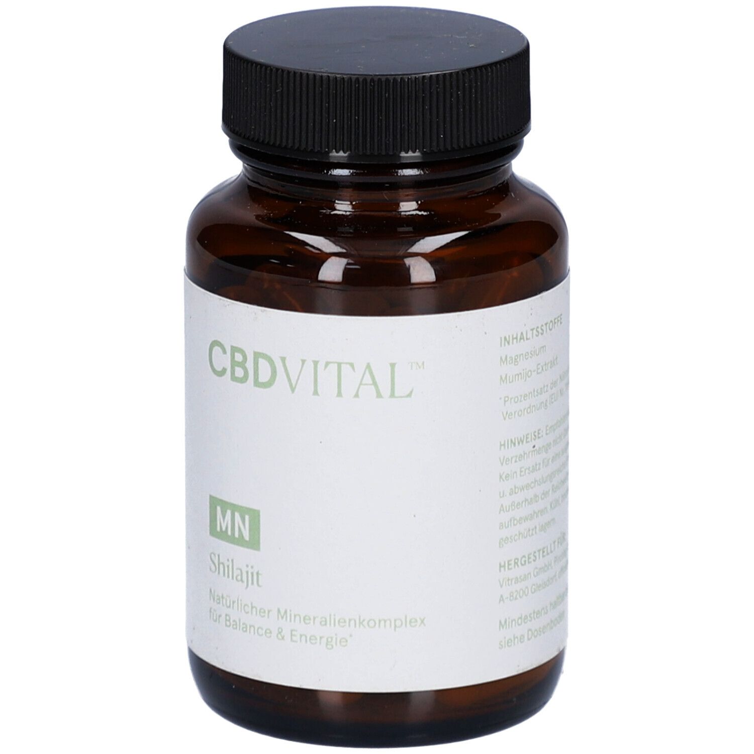 Braune Glasflasche mit schwarzen Deckel. Etikett mit CBDVITAL, MN, Shilajit und weiteren Informationen.