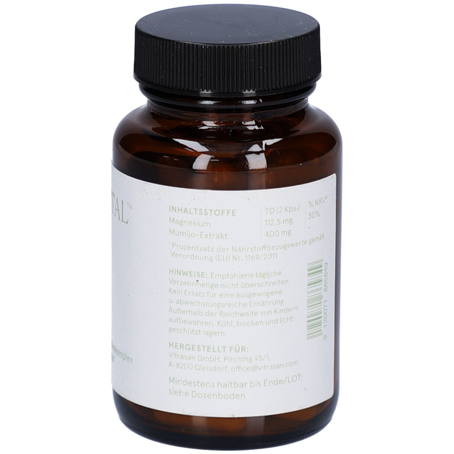 Braune Glasflasche mit schwarzen Deckel. Etikett mit Inhaltsstoffen, Dosierung und weiteren Informationen.