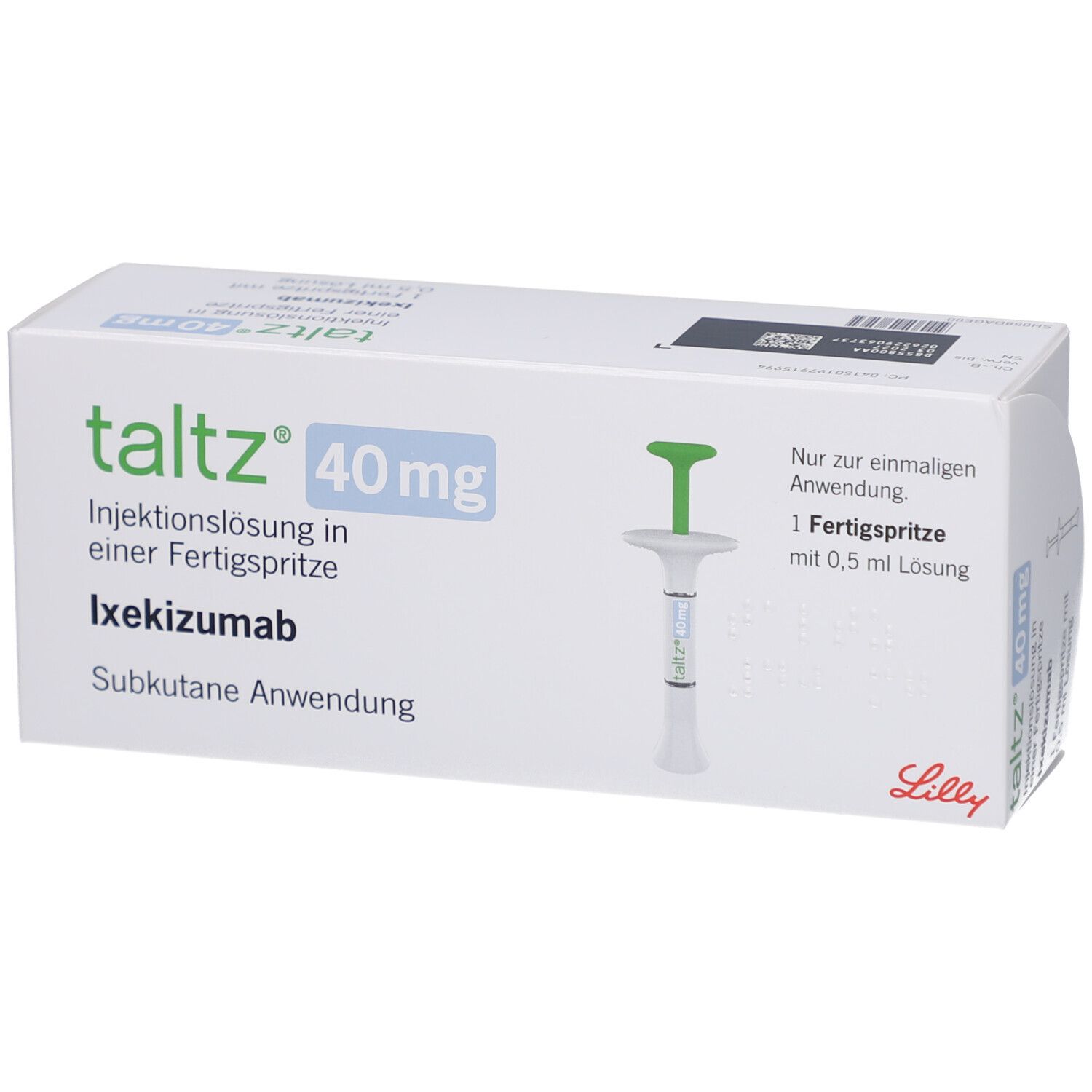 Schachtel mit Taltz 40 mg Injektionslösung. Fertigspritze und Produktinformationen sind abgebildet. Lilly-Logo.