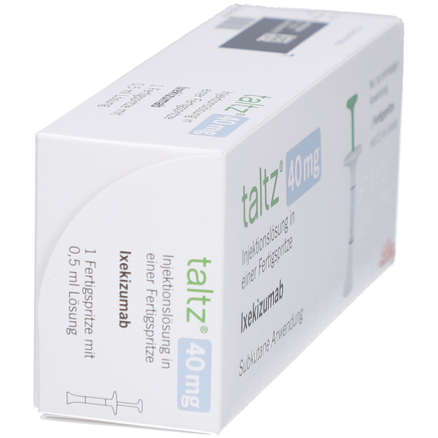 Schachtel mit Taltz 40 mg Injektionslösung. Fertigspritze und Produktinformationen sind abgebildet. Lilly-Logo.