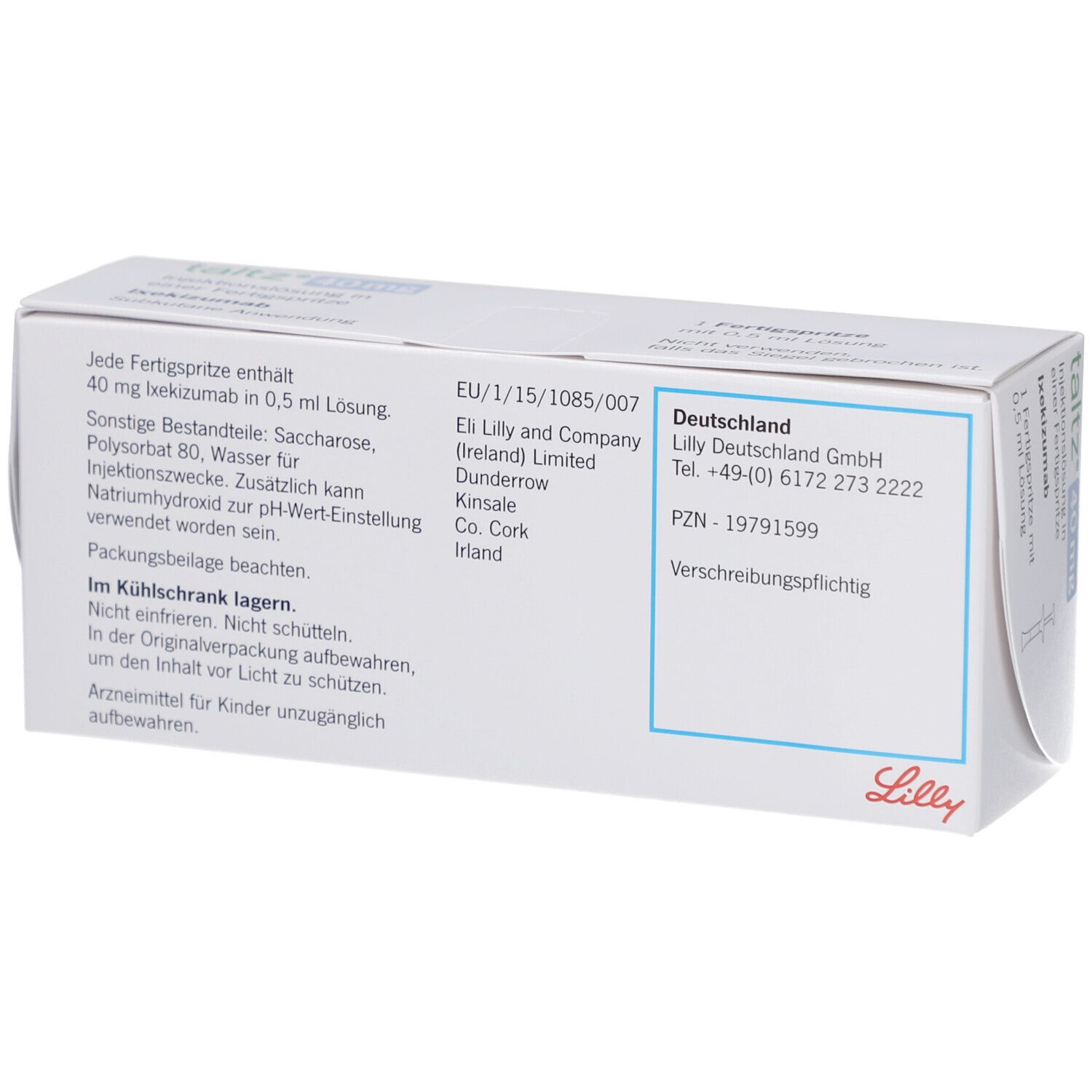 Rückseite der Schachtel mit Taltz 40 mg Injektionslösung. Produktinformationen und Lilly-Logo.