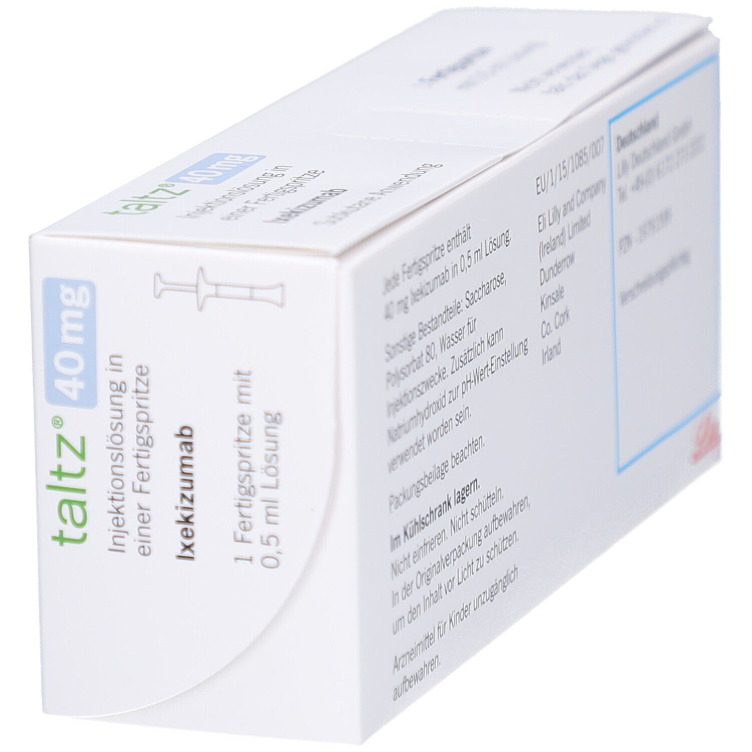 Schachtel mit Taltz 40 mg Injektionslösung. Fertigspritze und Produktinformationen sind abgebildet. Lilly-Logo.