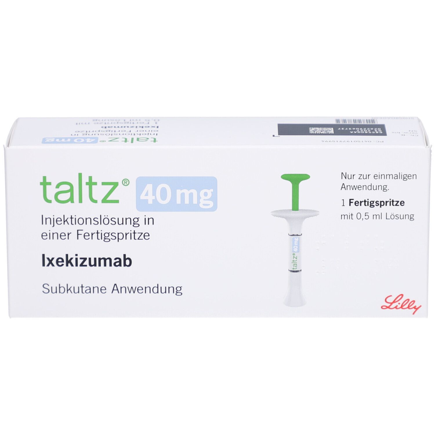 Schachtel mit Taltz 40 mg Injektionslösung. Fertigspritze und Produktinformationen sind abgebildet. Lilly-Logo.