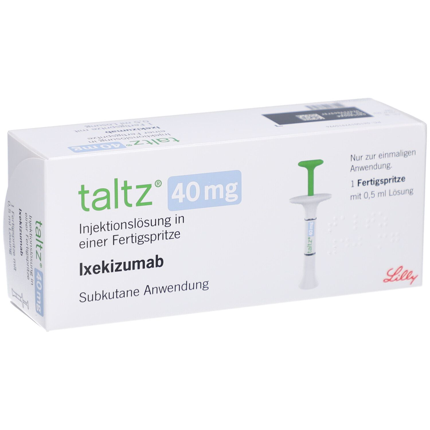 Schachtel mit Taltz 40 mg Injektionslösung. Fertigspritze und Produktinformationen sind abgebildet. Lilly-Logo.