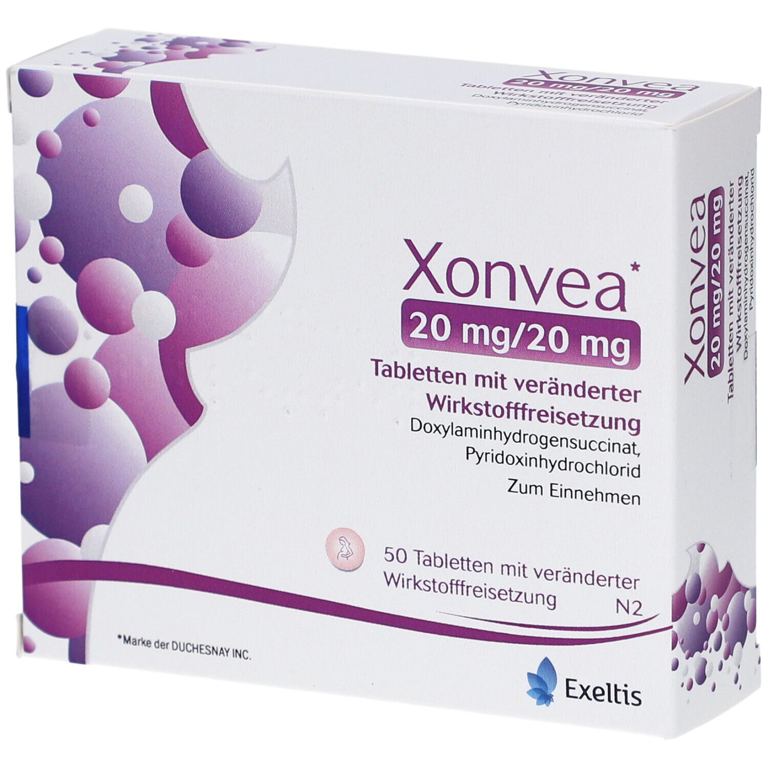 Schachtel mit Xonvea 20 mg/20 mg Tabletten. Aufschrift: 50 Tabletten. Lila und weiße Verpackung mit Produktinformationen.