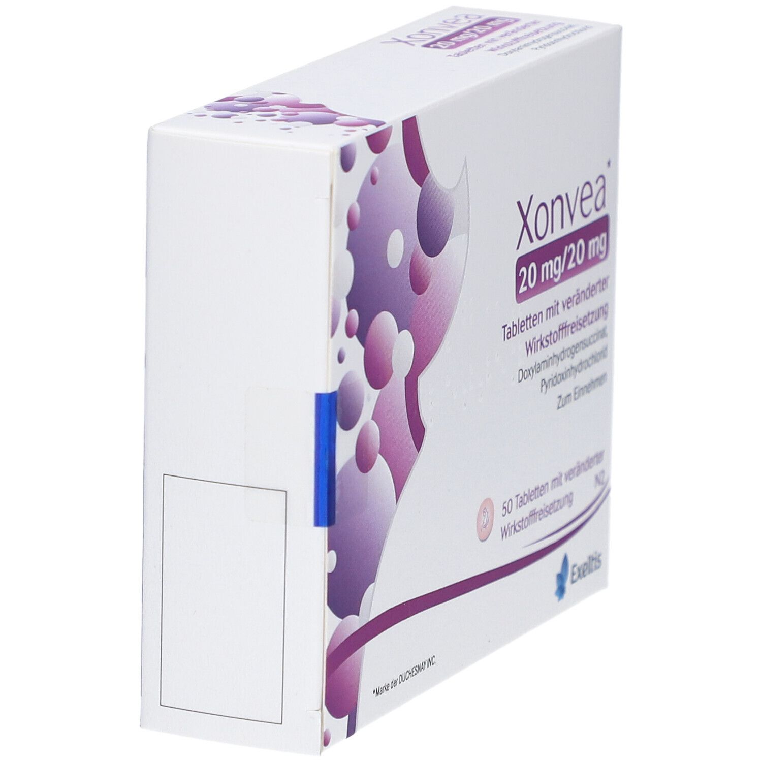 Seitenansicht der Xonvea-Tablettenschachtel. Lila und weiße Verpackung mit Produktinformationen und einem blauen Verschluss.