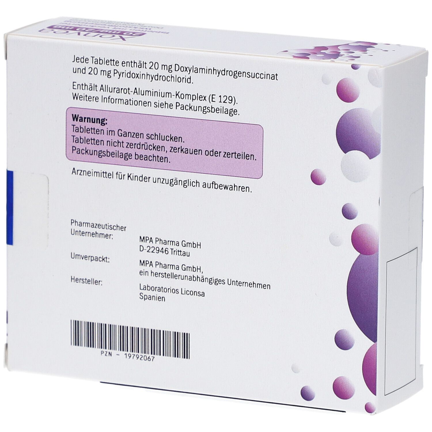 Rückseite der Xonvea-Tablettenschachtel. Enthält Produktinformationen, Herstellerangaben und einen Barcode.