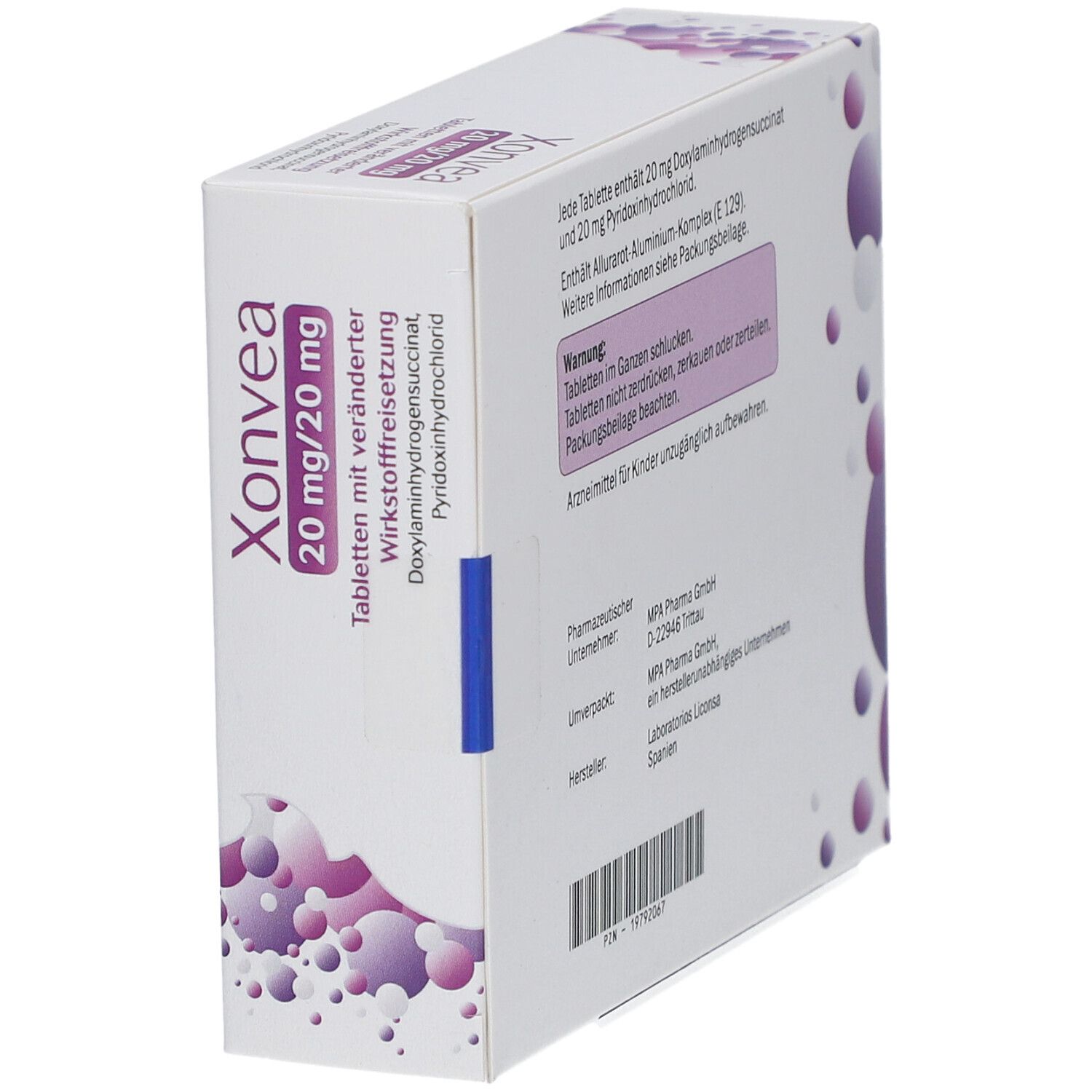 Schräge Ansicht der Xonvea-Tablettenschachtel. Lila und weiße Verpackung mit Produktinformationen und blauem Verschluss.