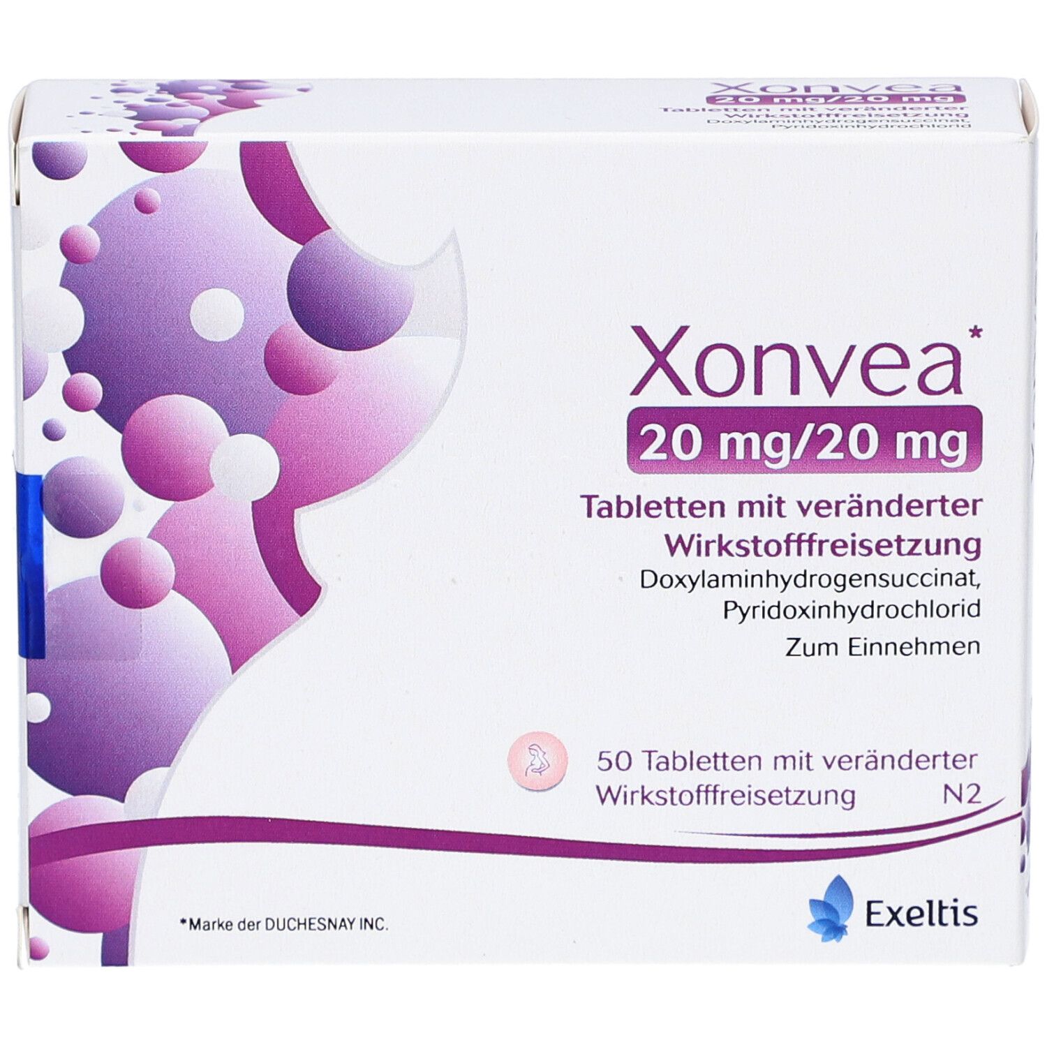 Vorderansicht der Xonvea-Tablettenschachtel. Lila und weiße Verpackung mit Produktnamen und Dosierung.