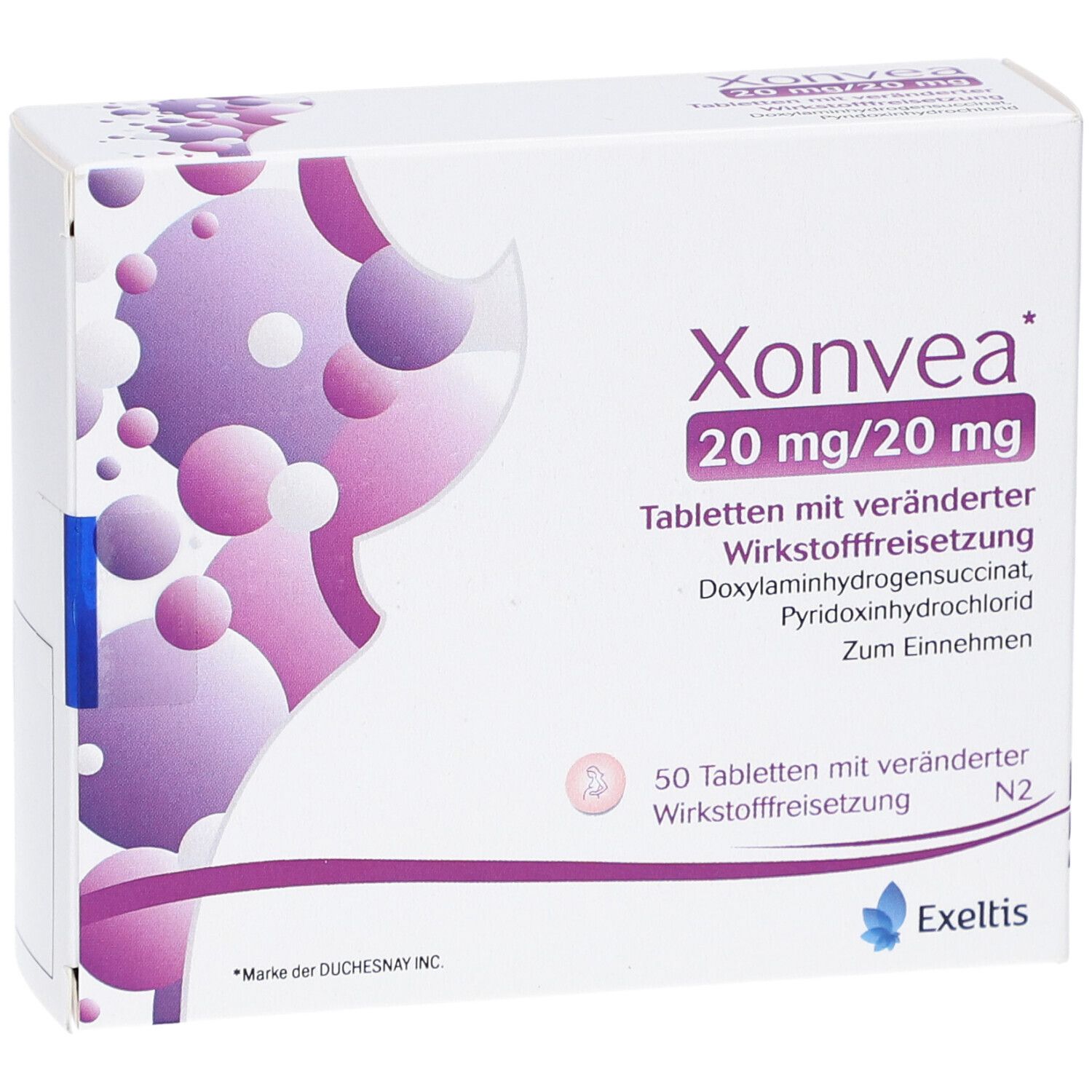 Vorderansicht der Xonvea-Tablettenschachtel. Lila und weiße Verpackung mit Produktnamen und Dosierung.