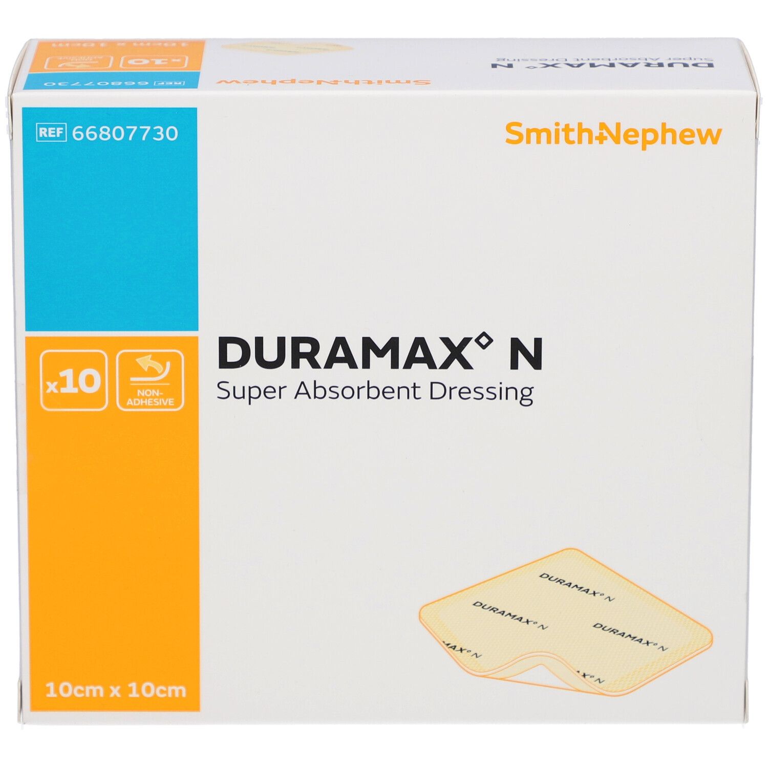 Verpackung DURAMAX N, 10 x 10 cm, mit 10 Verbänden. Marke Smith+Nephew. Aufdruck: Super Absorbent Dressing. Einzelner Verband sichtbar.