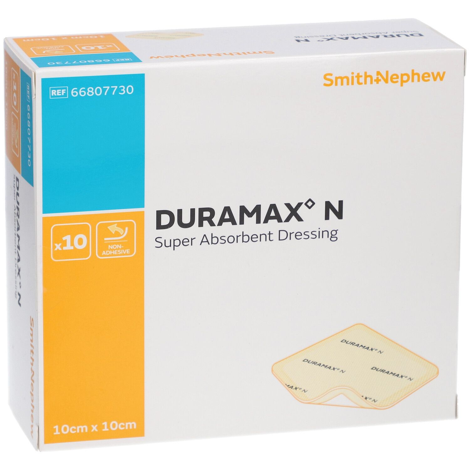 Verpackung DURAMAX N, 10 x 10 cm, mit 10 Verbänden. Marke Smith+Nephew. Aufdruck: Super Absorbent Dressing. Einzelner Verband sichtbar.