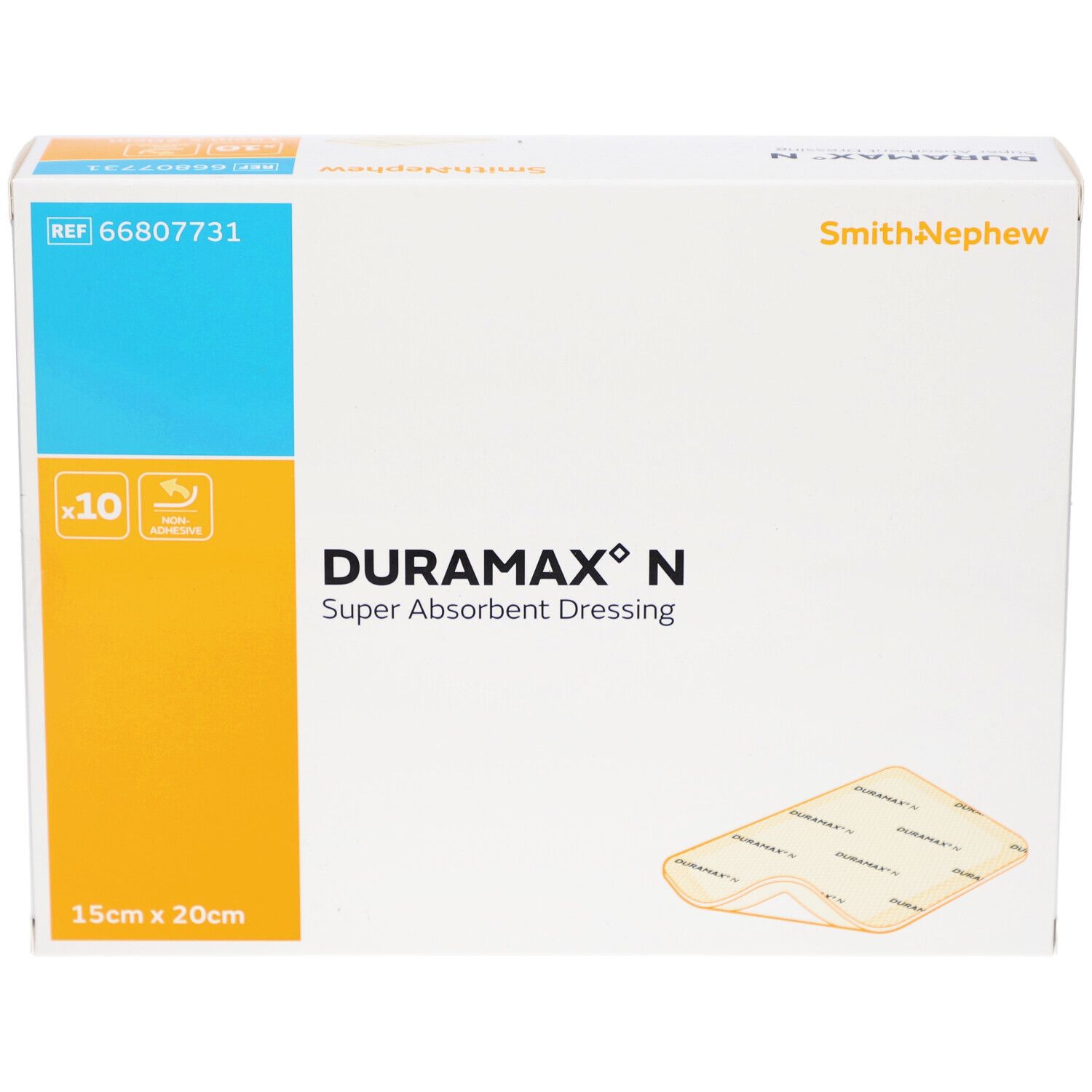 Verpackung DURAMAX N Superabsorbierender Wundverband. Größe 15 x 20 cm. 10 Stück. Marke Smith+Nephew.