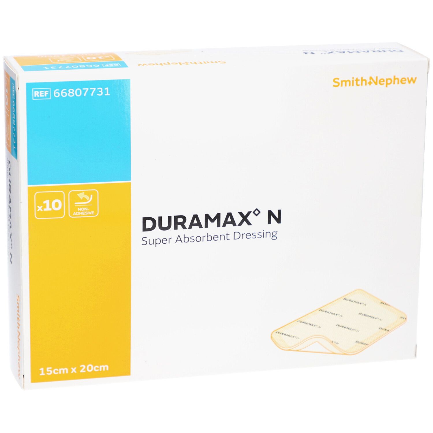 Verpackung DURAMAX N Superabsorbierender Wundverband. Größe 15 x 20 cm. 10 Stück. Marke Smith+Nephew.