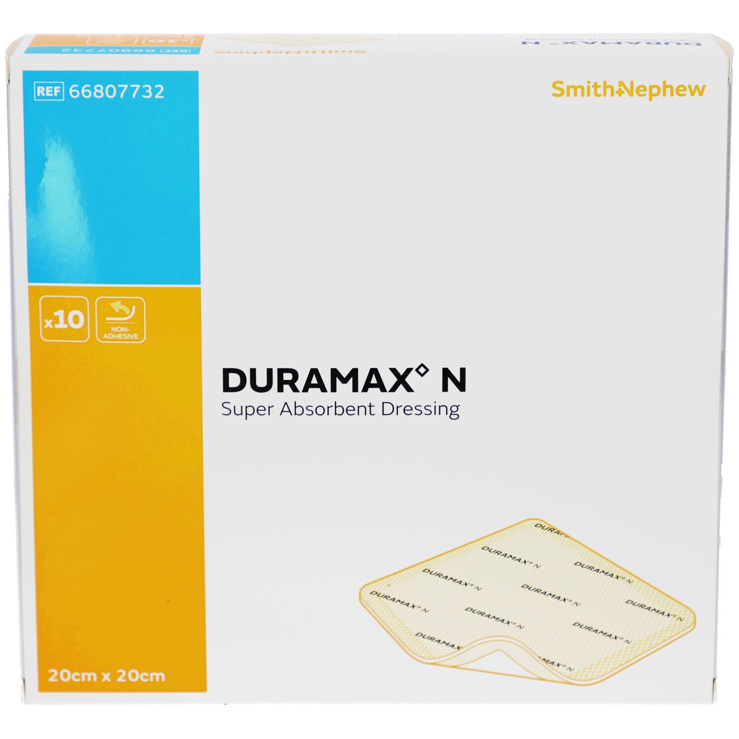 DURAMAX N Verpackung, 20 x 20 cm, 10 Stück. Superabsorbierender Wundverband. Marke Smith+Nephew. Gezeigte Wundauflage.
