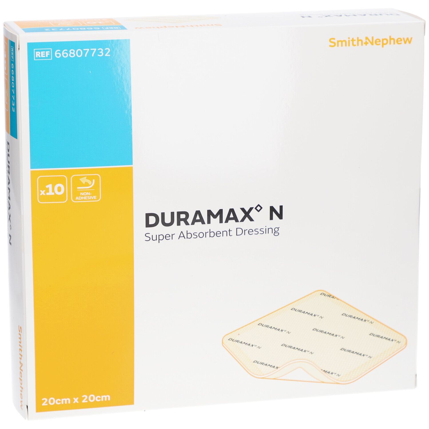 DURAMAX N Verpackung, 20 x 20 cm, 10 Stück. Superabsorbierender Wundverband. Marke Smith+Nephew. Gezeigte Wundauflage.
