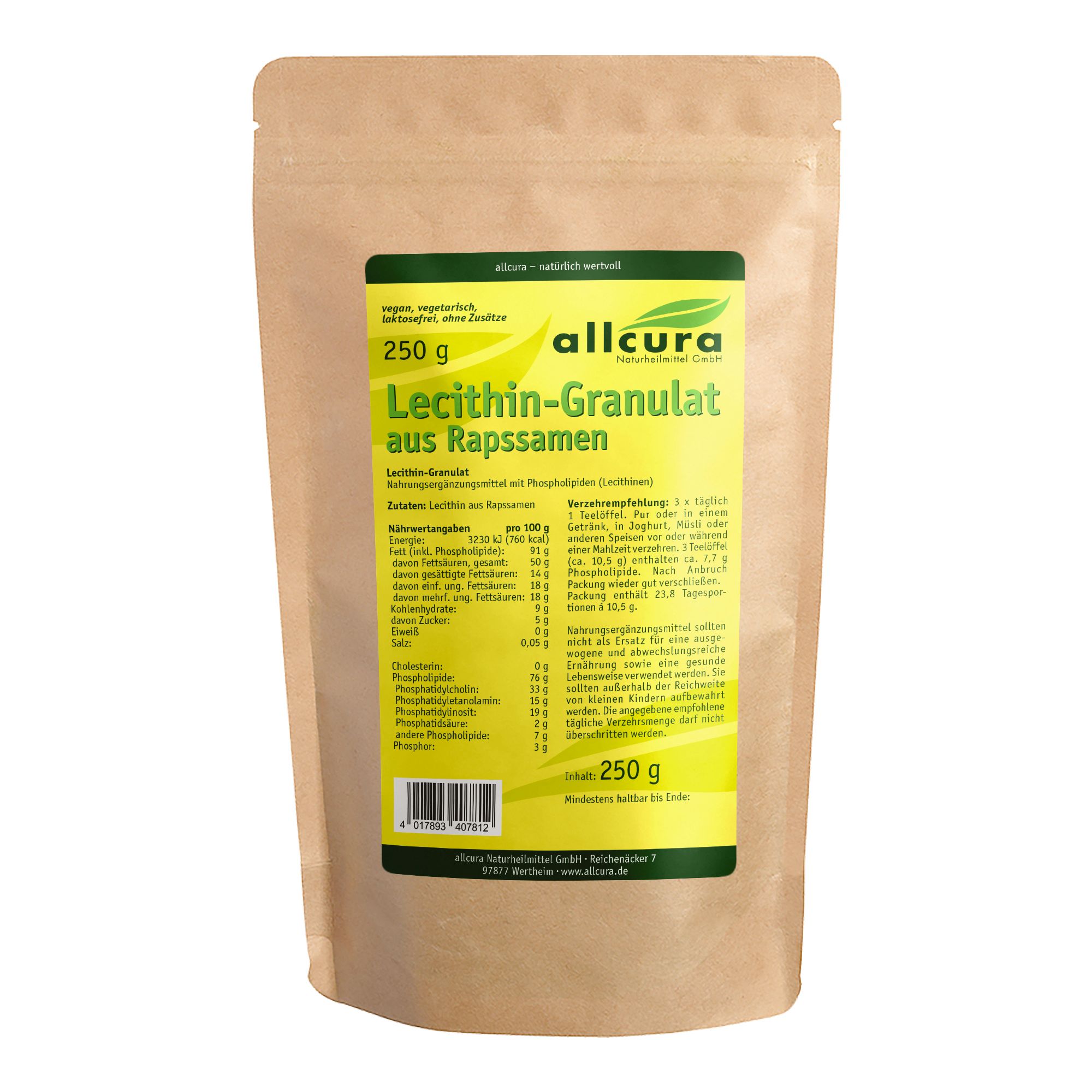 Beutel mit Lecithin-Granulat aus Rapssamen. Aufschrift: allcura, 250 g. Grün-gelbes Etikett mit Nährwertangaben.