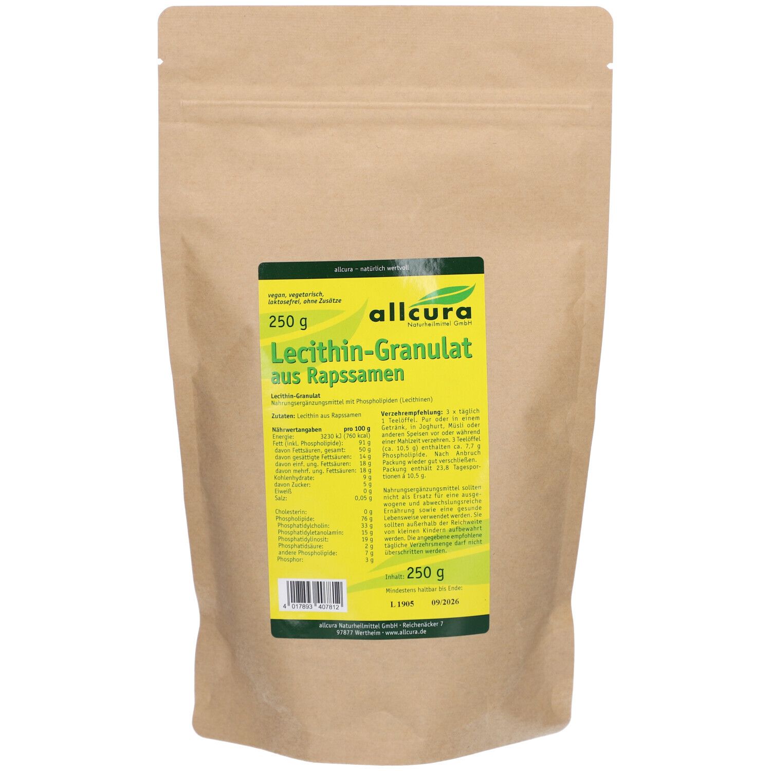 Braune Papiertüte mit grünem Etikett. Aufschrift: Lecithin-Granulat aus Rapssamen, 250 g. Allcura-Logo.