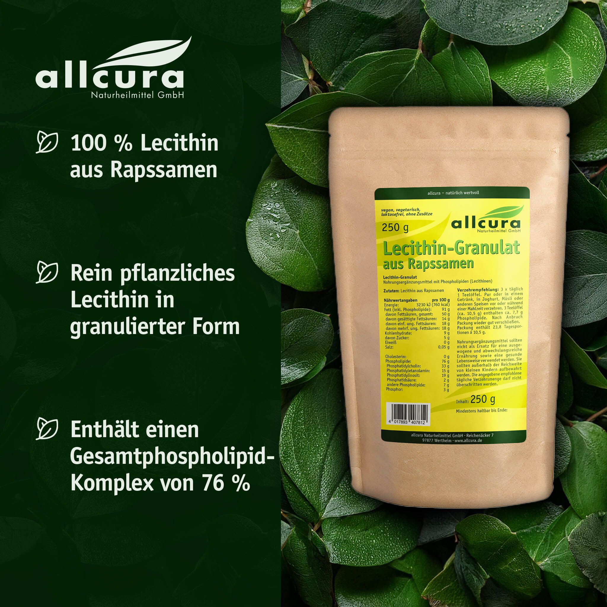 Beutel Lecithin-Granulat aus Rapssamen, 250 g. Text: 100% Lecithin, rein pflanzlich, enthält 76% Gesamtphospholipid-Komplex. Grün umrandet.