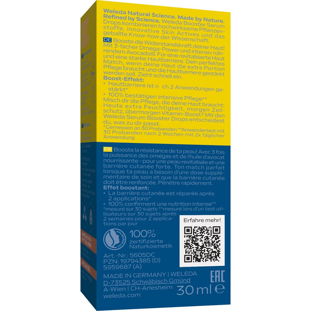 Rückseite der Weleda Serum Drops Verpackung. Text in Deutsch und Französisch. Zertifizierung und QR-Code.