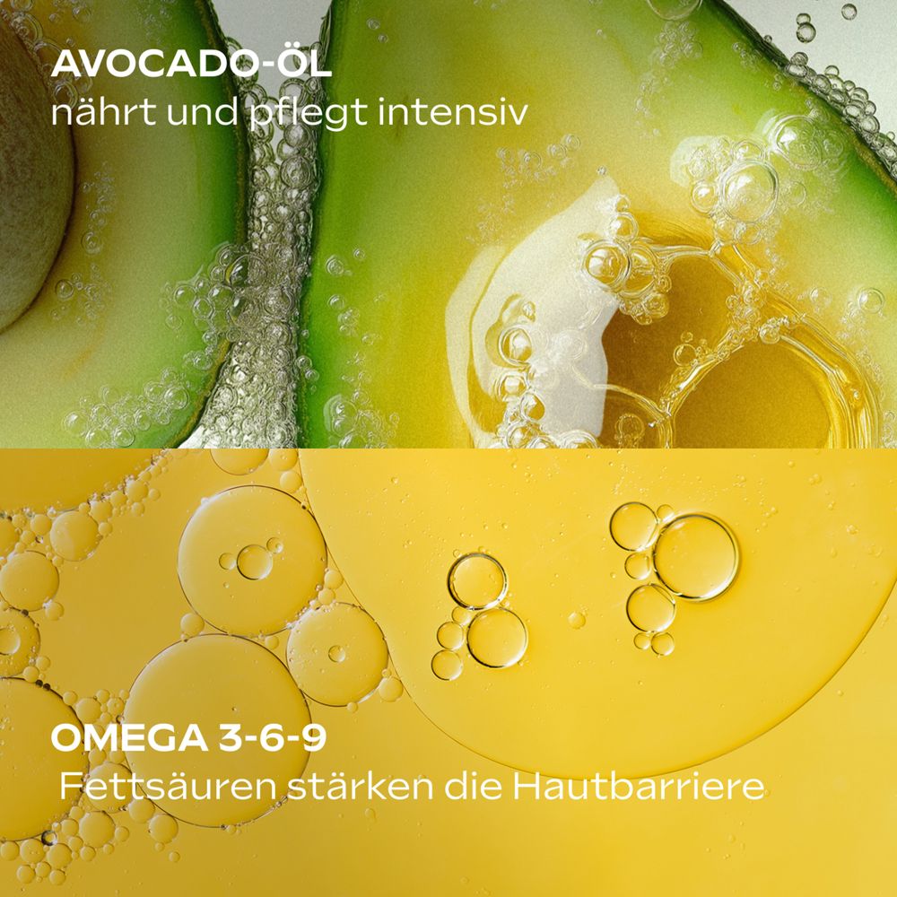 Avocado-Öl und Omega 3-6-9. Nahaufnahme von Avocado und Öl. Text: nährt und pflegt intensiv.