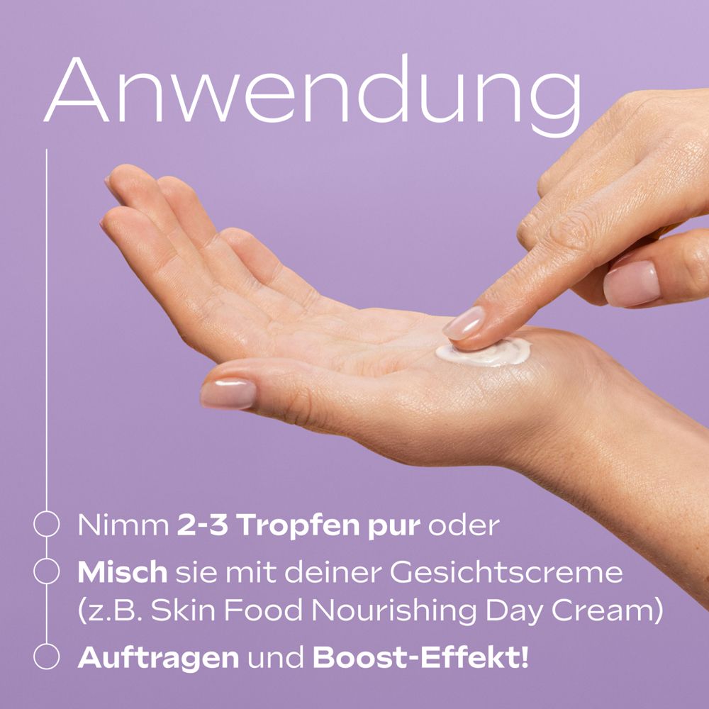 Hände tragen Serum auf. Text: Nimm 2-3 Tropfen, Mische mit deiner Gesichtscreme, Auftragen und Boost-Effekt!
