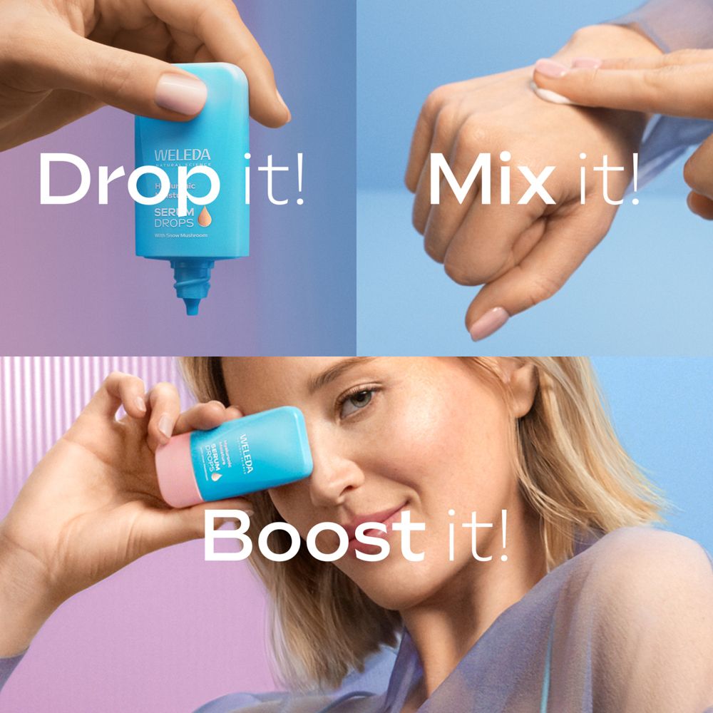 Anwendungsschritte. Text: Drop it!, Mix it!, Boost it! Weleda Serum Drops.