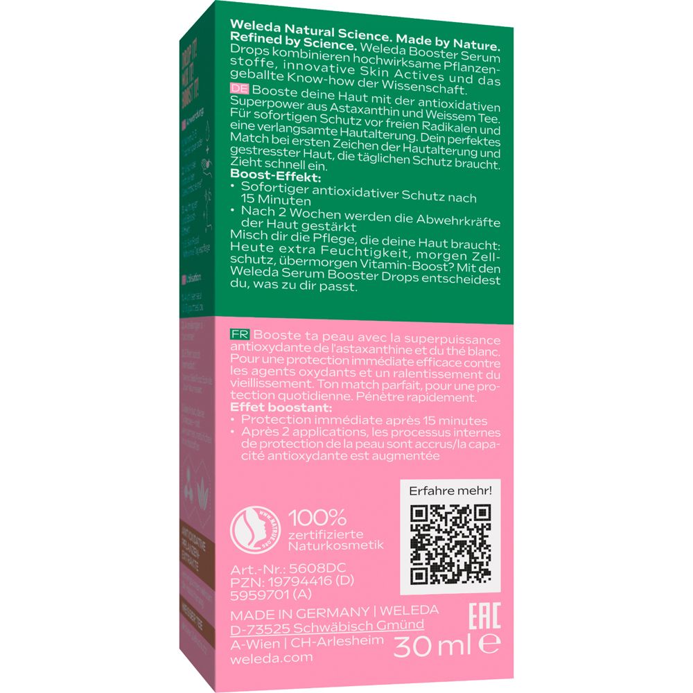 Rückseite der Weleda Serum Drops Verpackung. Text: Inhaltsstoffe, Anwendung, 30 ml, Made in Germany, Zertifizierung.