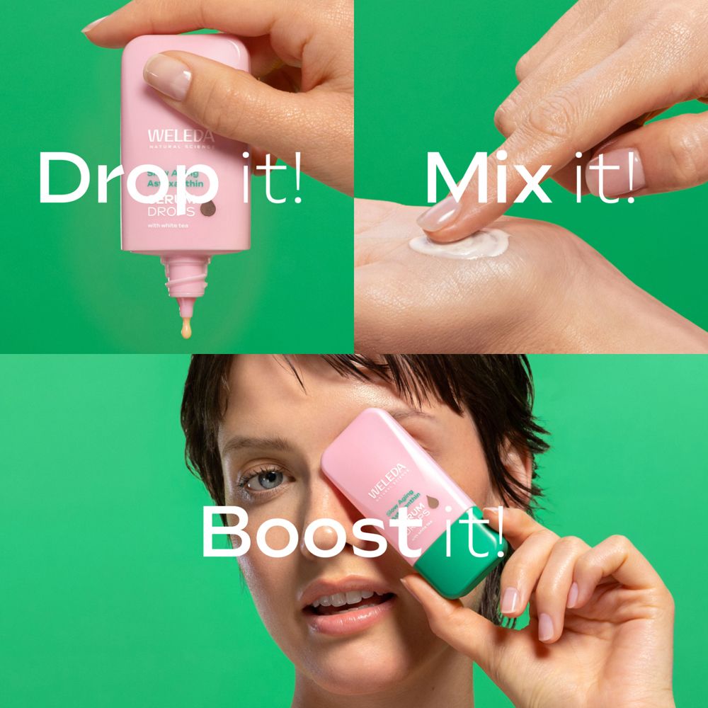 Drei Bilder: Serum auftragen, mischen, auftragen. Text: Drop it!, Mix it!, Boost it!