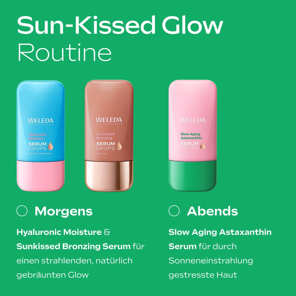 Drei Serum-Flaschen. Text: Morgens: Hyaluronic Moisture & Sunkissed Bronzing Serum. Abends: Slow Aging Astaxanthin Serum.