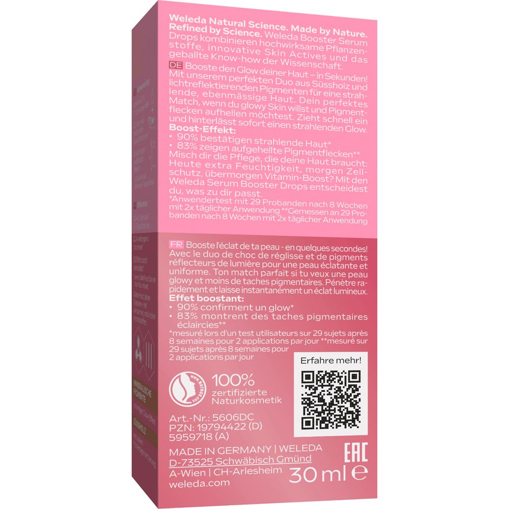 Rückseite der Verpackung. Text: Weleda Natural Science. 100% zertifizierte Naturkosmetik. QR-Code.
