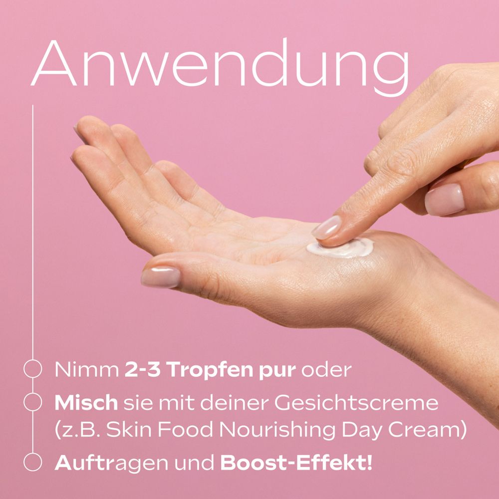 Hände tragen Serum auf. Text: Anwendung. 2-3 Tropfen pur oder mit Creme mischen. Auftragen.