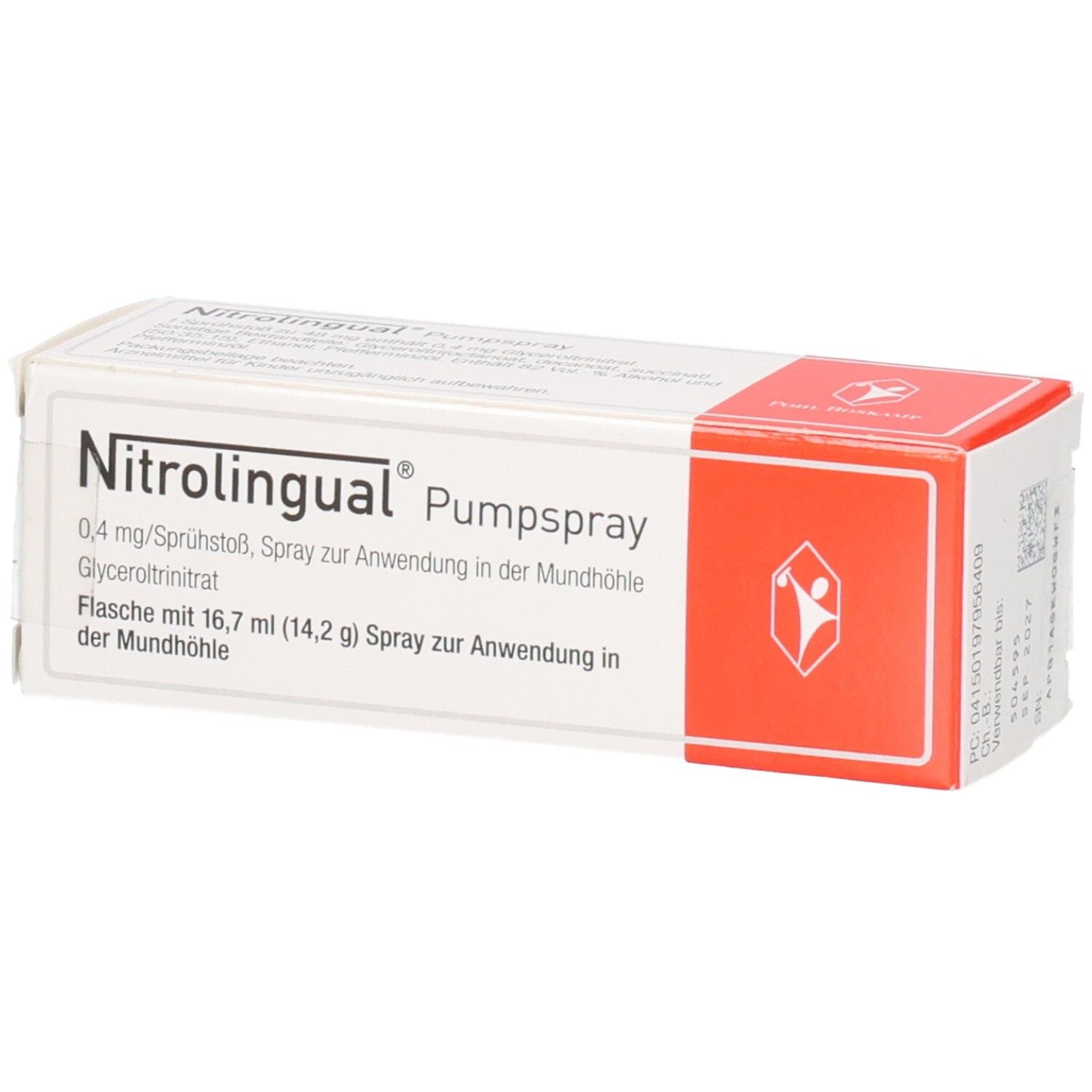 Schachtel mit Produktbezeichnung Nitrolingual Pumpspray. Weiße Schachtel mit rotem Akzent. Text und Logo deutlich sichtbar.