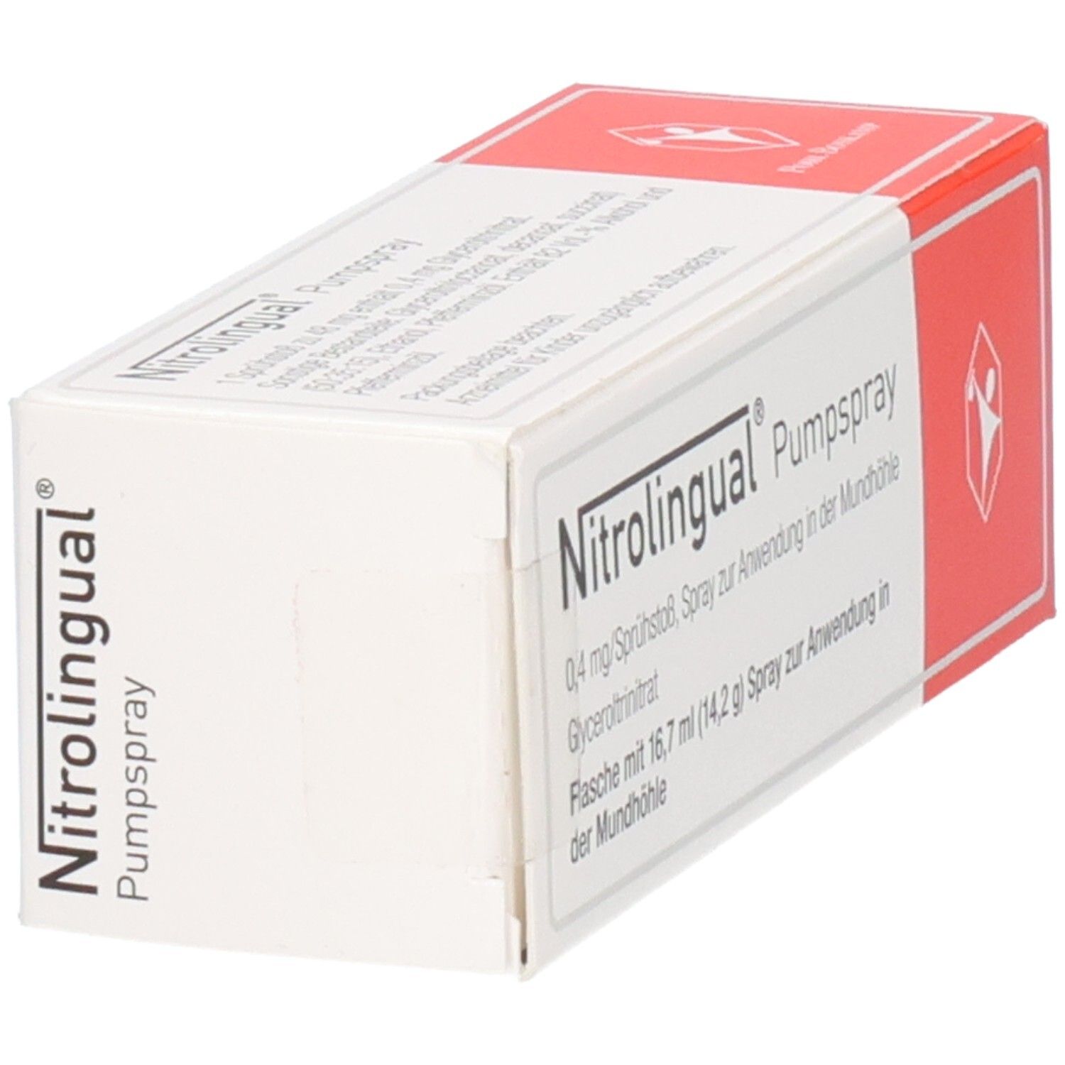Schachtel Nitrolingual Pumpspray, schräg von oben. Weiße Schachtel mit rotem Akzent. Produktname und Logo sichtbar.