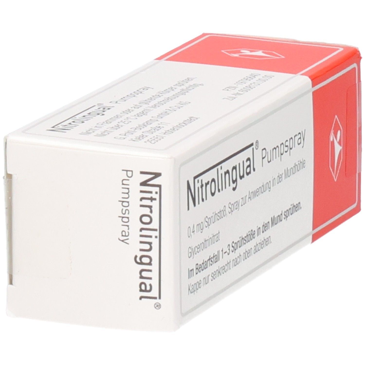Schachtel Nitrolingual Pumpspray, schräg von oben. Weiße Schachtel mit rotem Akzent. Produktname und Textdetails.