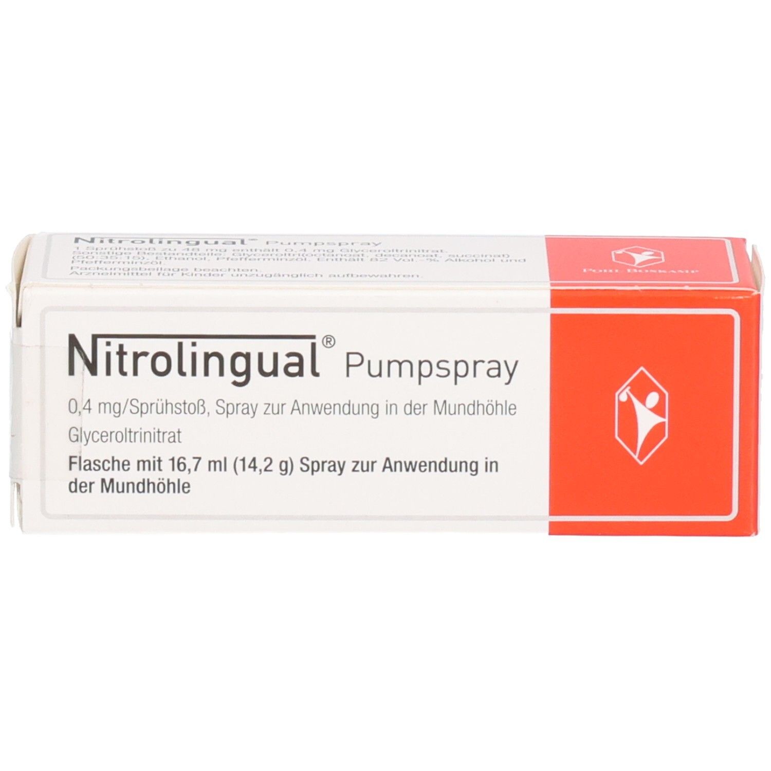 Schachtel Nitrolingual Pumpspray. Weiße Schachtel mit rotem Akzent. Produktname und Textdetails deutlich sichtbar.