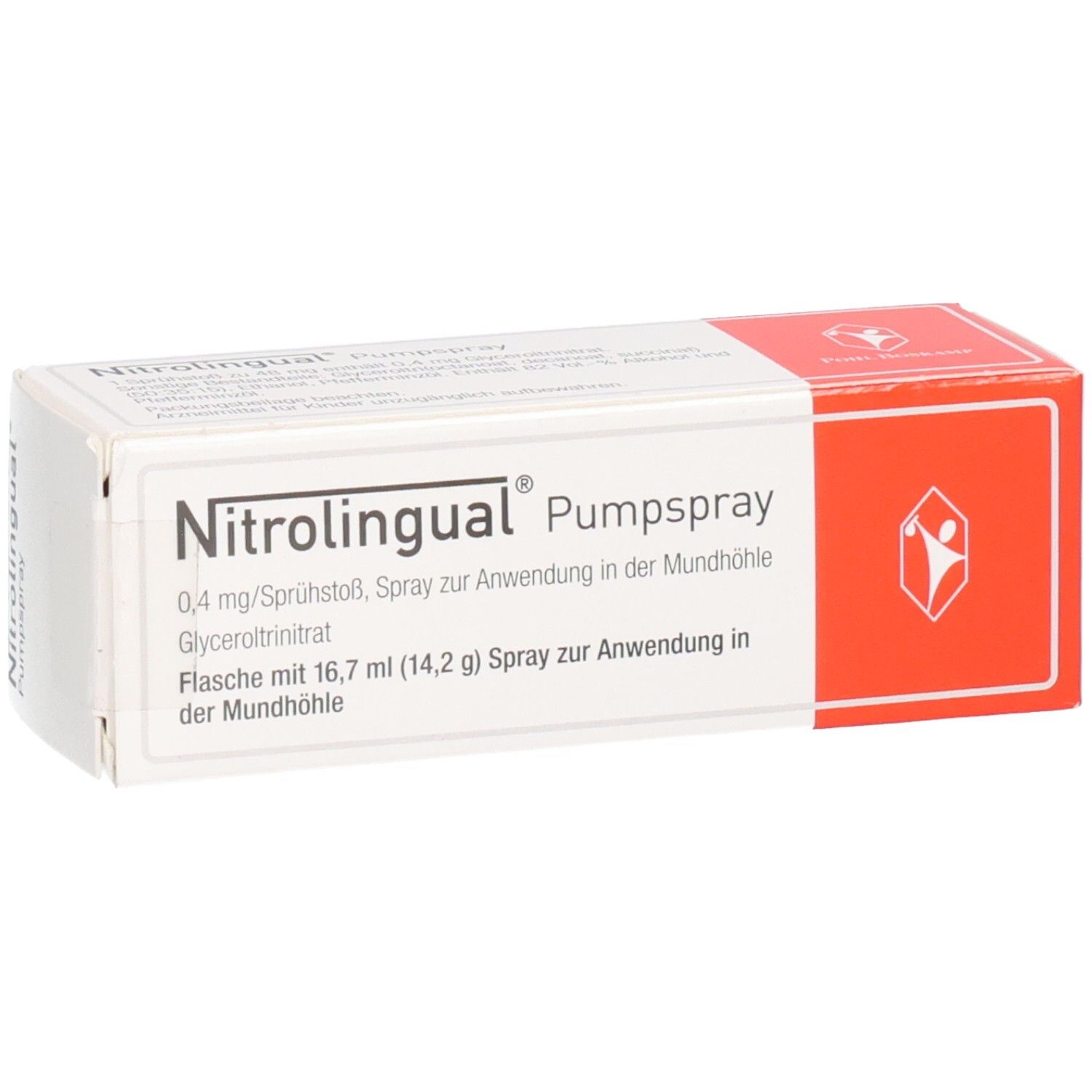 Schachtel Nitrolingual Pumpspray. Weiße Schachtel mit rotem Akzent. Produktname und Textdetails deutlich sichtbar.