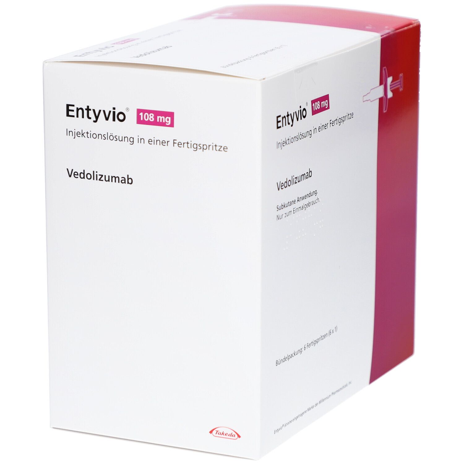 Verpackung von ENTYVIO 108 mg Injektionslösung. Aufschrift: Vedolizumab, Subkutane Anwendung. Rote und weiße Farbgebung.