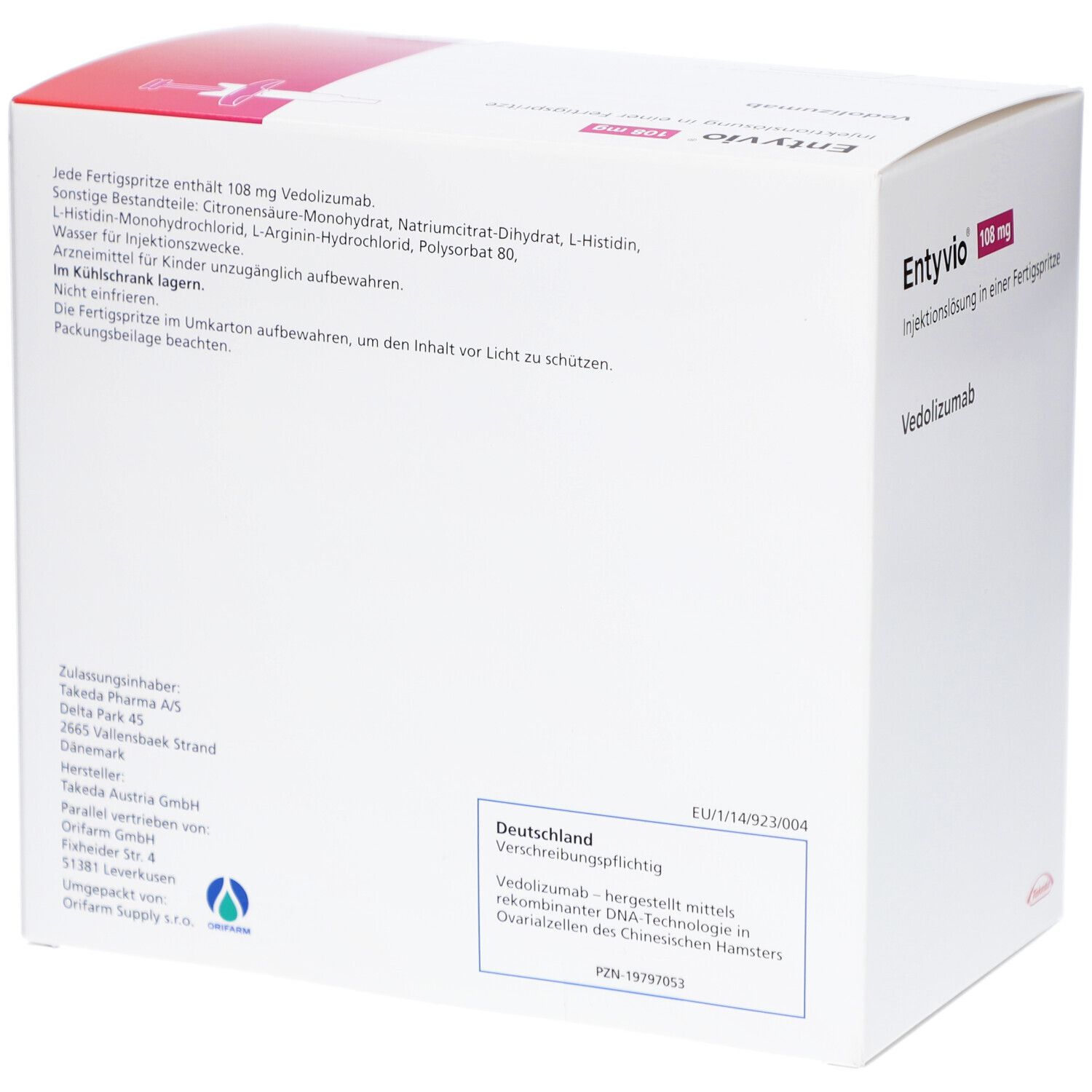 Rückseite der ENTYVIO 108 mg Verpackung. Enthält Informationen zu Inhaltsstoffen und Hersteller. Text in deutscher Sprache.