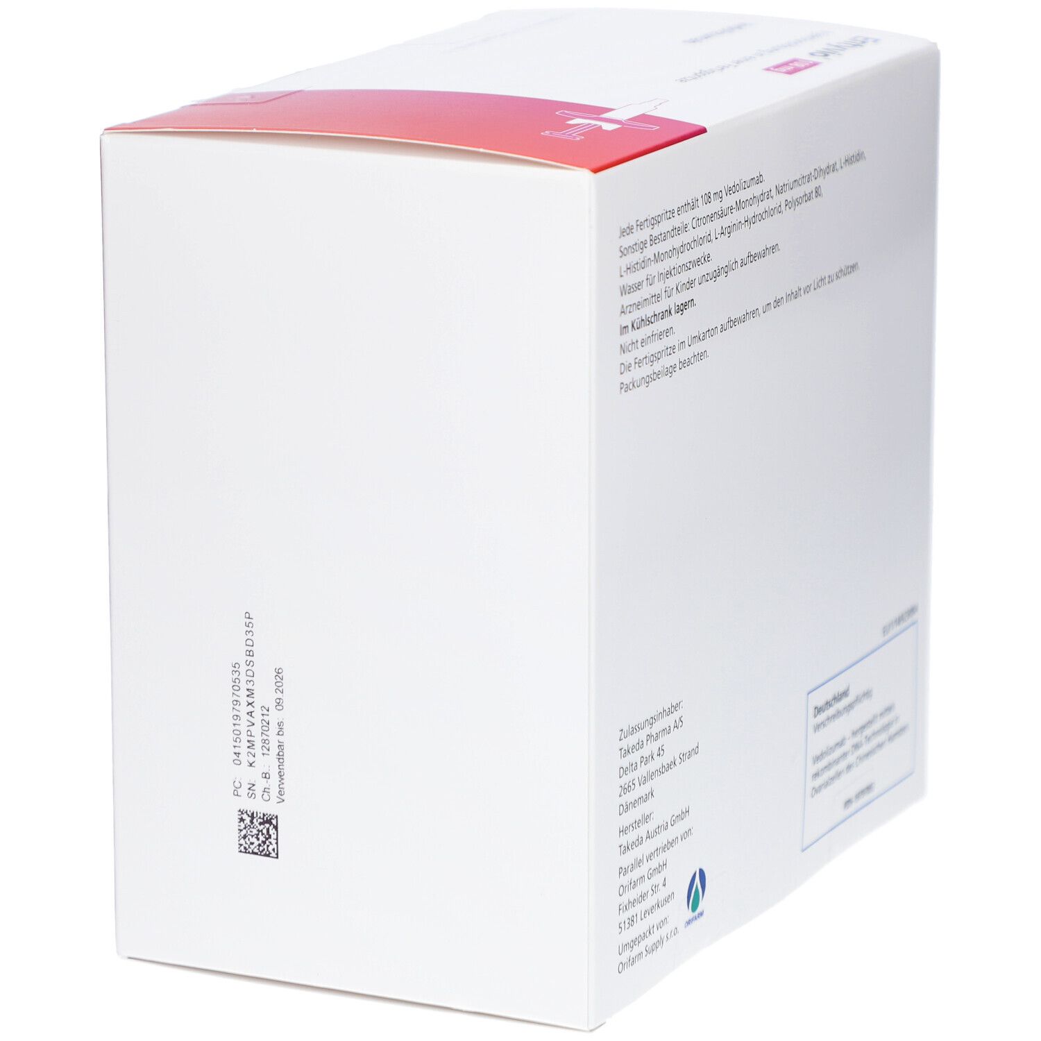 Seitenansicht der ENTYVIO 108 mg Verpackung. Enthält Informationen zu Inhaltsstoffen und Hersteller. Text in deutscher Sprache.
