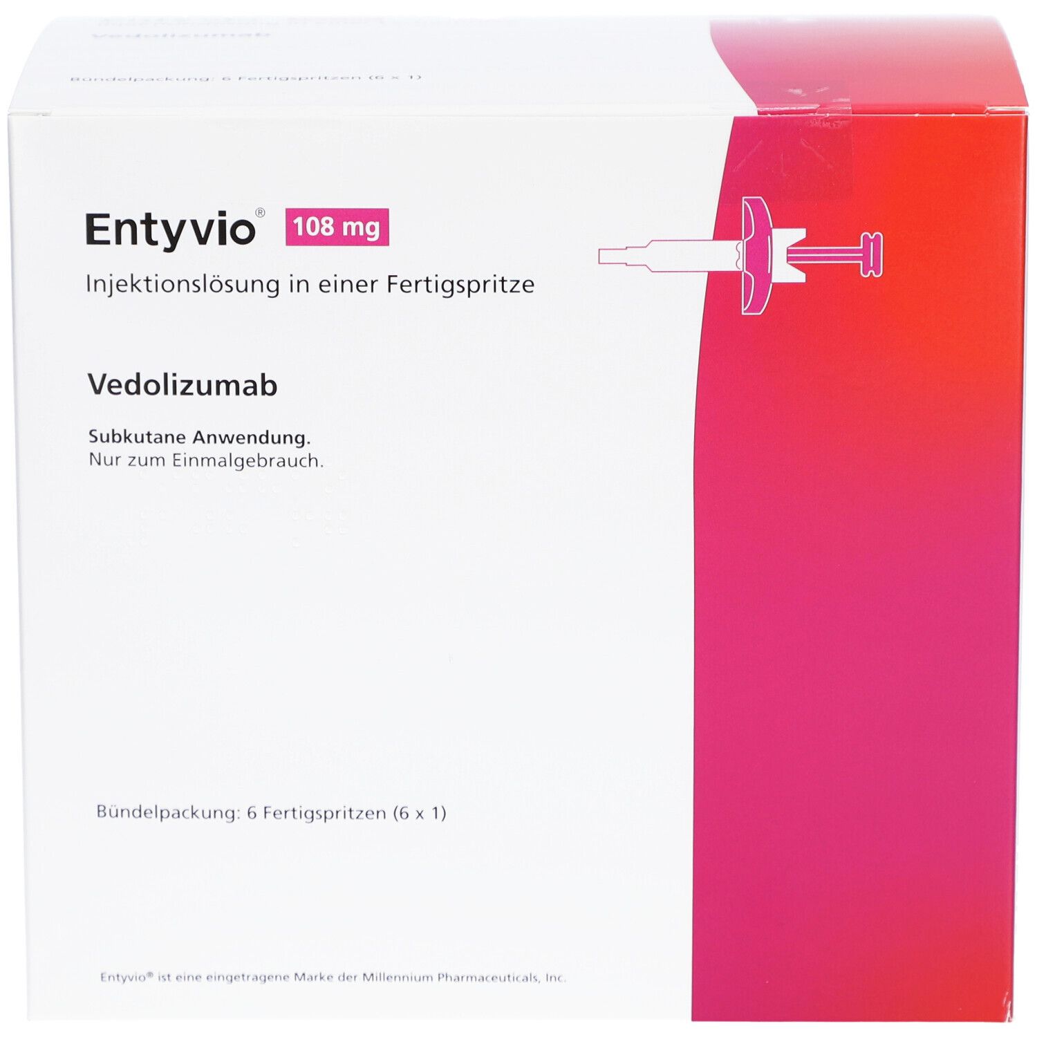 Verpackung von ENTYVIO 108 mg Injektionslösung. Enthält 6 Fertigspritzen. Aufschrift: Vedolizumab, Subkutane Anwendung.