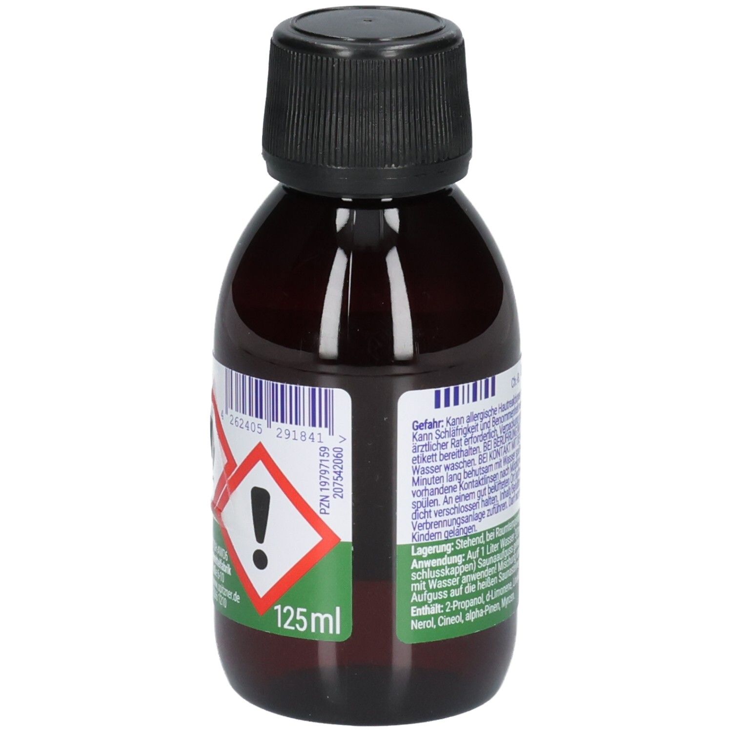 Flasche mit 125ml Füllmenge, Etikett mit Gefahrensymbolen (Flamme, Ausrufezeichen) und Barcode.