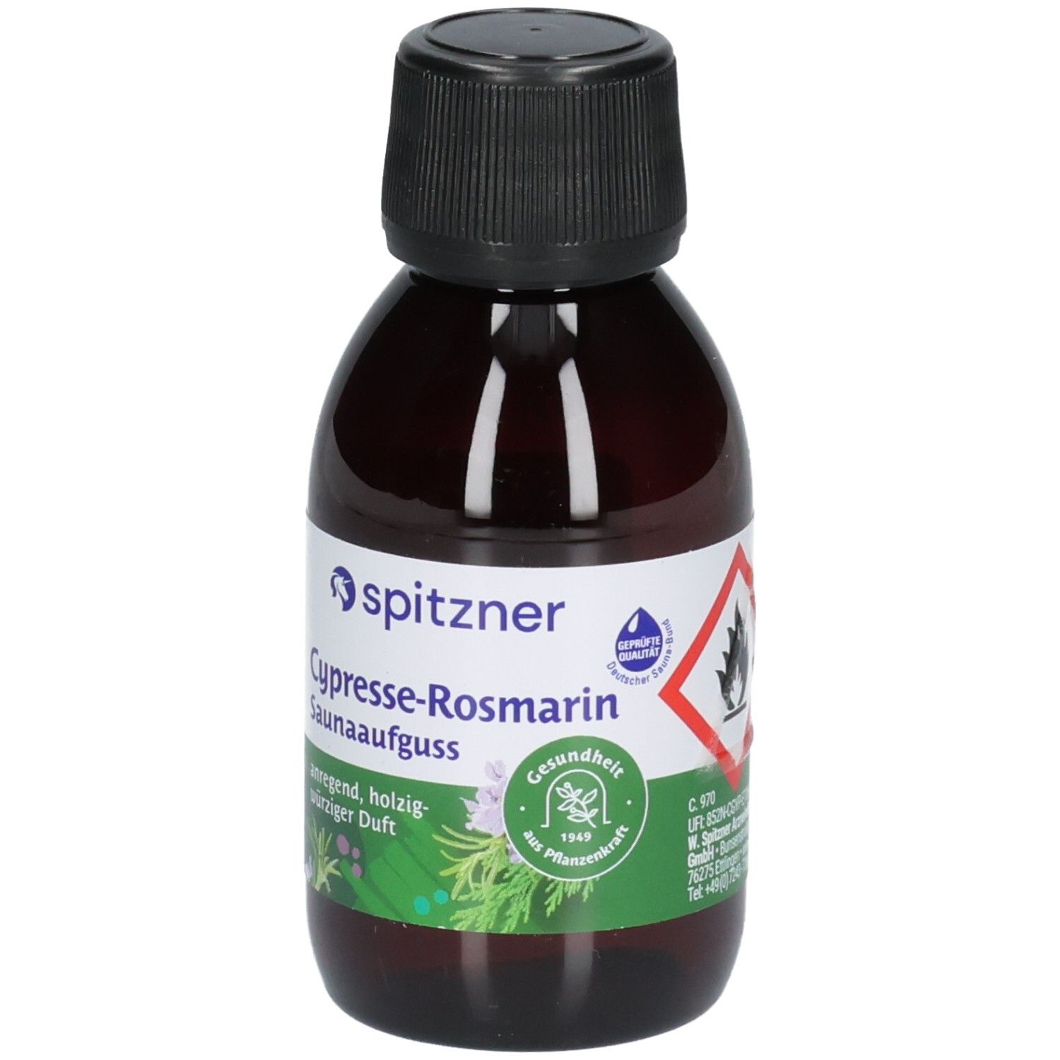 Flasche mit Etikett "spitzner Cypresse-Rosmarin Saunaaufguss", Siegel "Gesundheit aus der Pflanzenwelt".