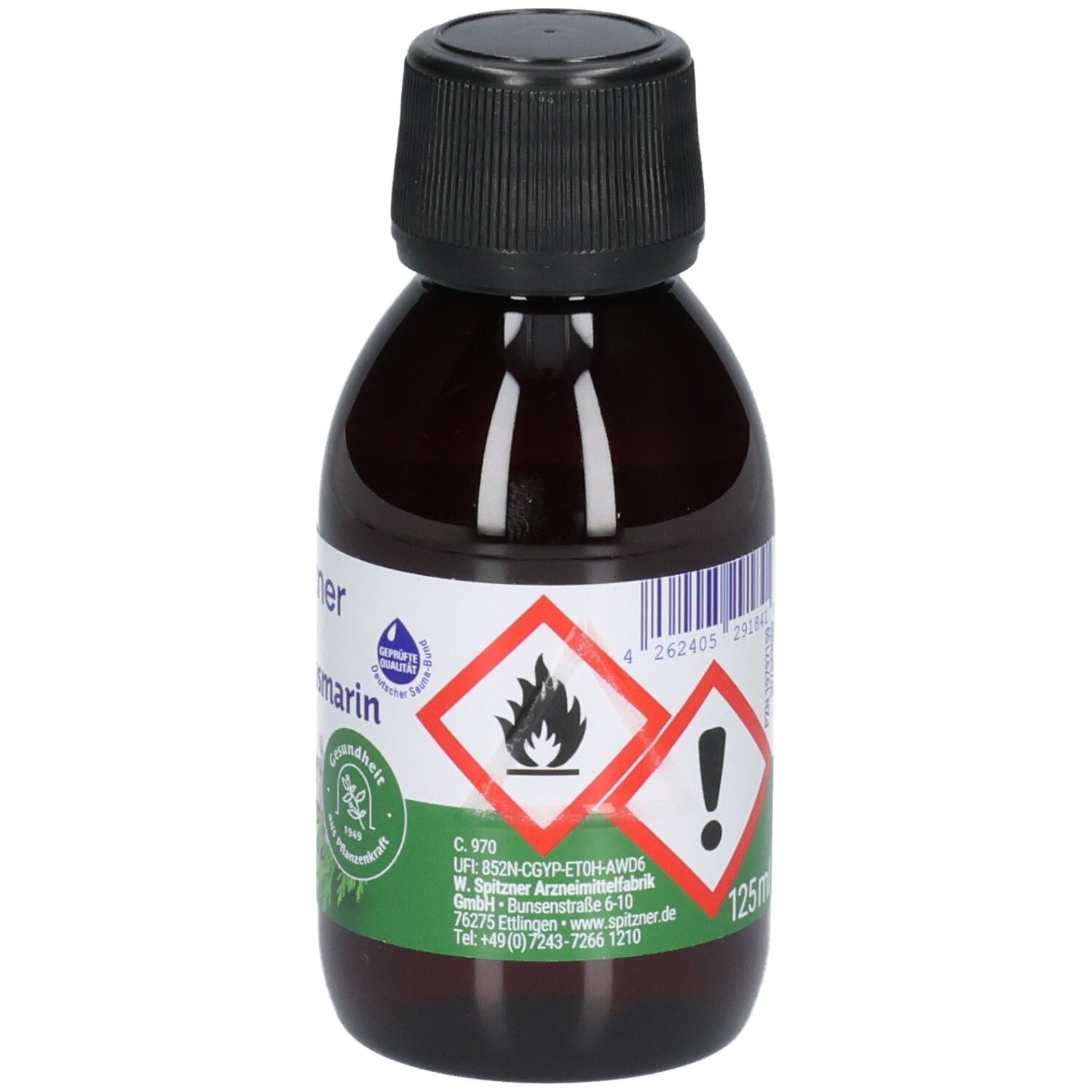 Flasche mit Etikett, das Gefahrensymbole (Flamme, Ausrufezeichen) und die Füllmenge 125ml zeigt.