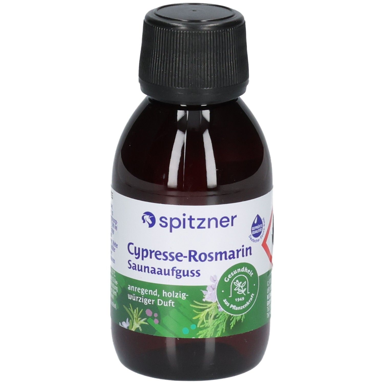 Flasche mit Etikett "spitzner Cypresse-Rosmarin Saunaaufguss", Siegel "Gesundheit aus der Pflanzenwelt".