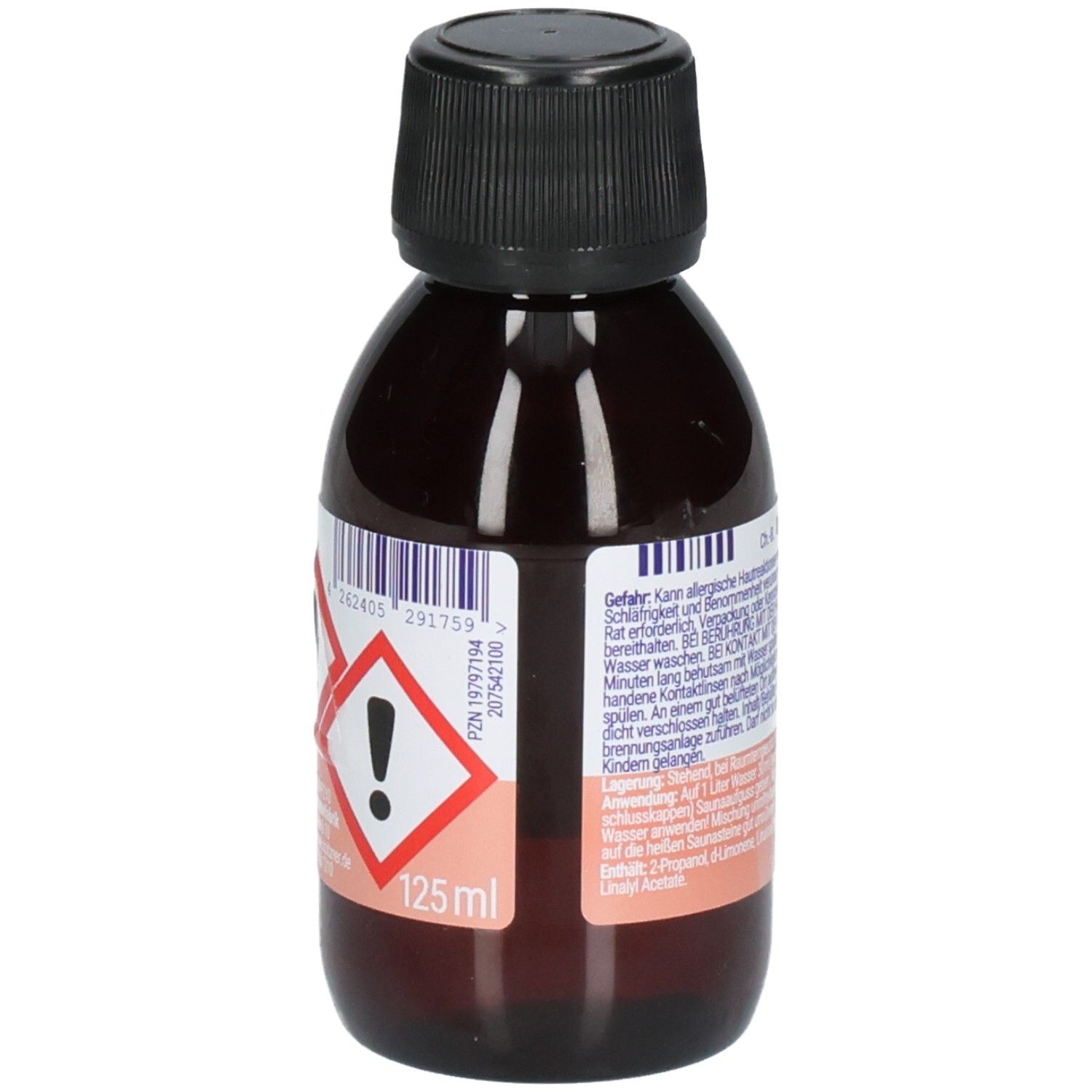Braune Glasflasche mit schwarzem Schraubverschluss, 125 ml. Enthält Gefahrensymbole.