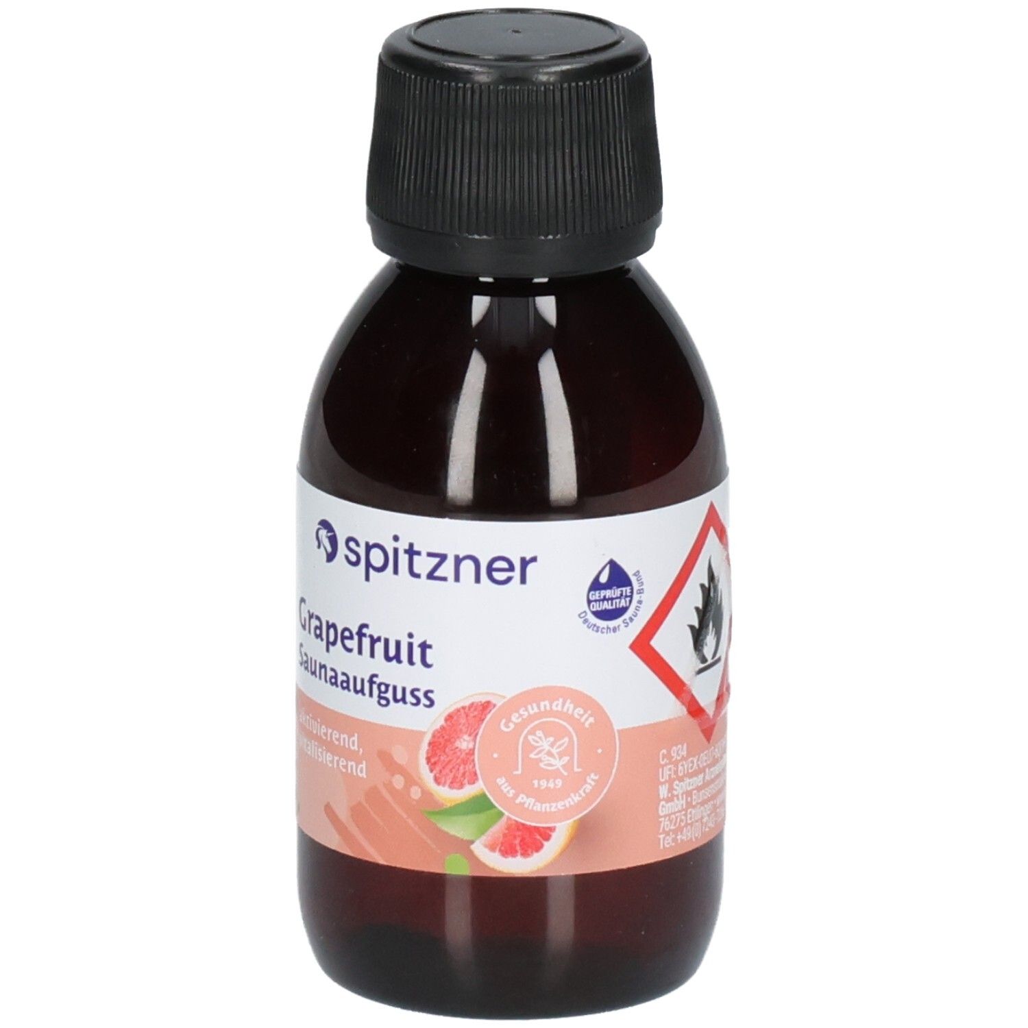 Kleine braune Flasche mit schwarzem Schraubverschluss. Spitzner Grapefruit Saunaaufguss.