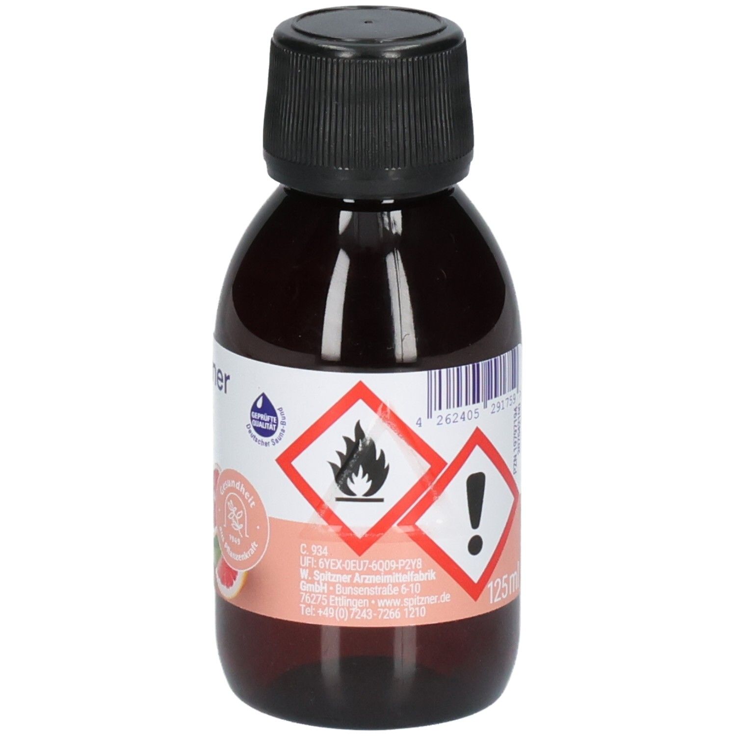 Braune Glasflasche mit schwarzem Schraubverschluss, 125ml. Enthält Gefahrensymbole für Entzündbarkeit und Reizung.