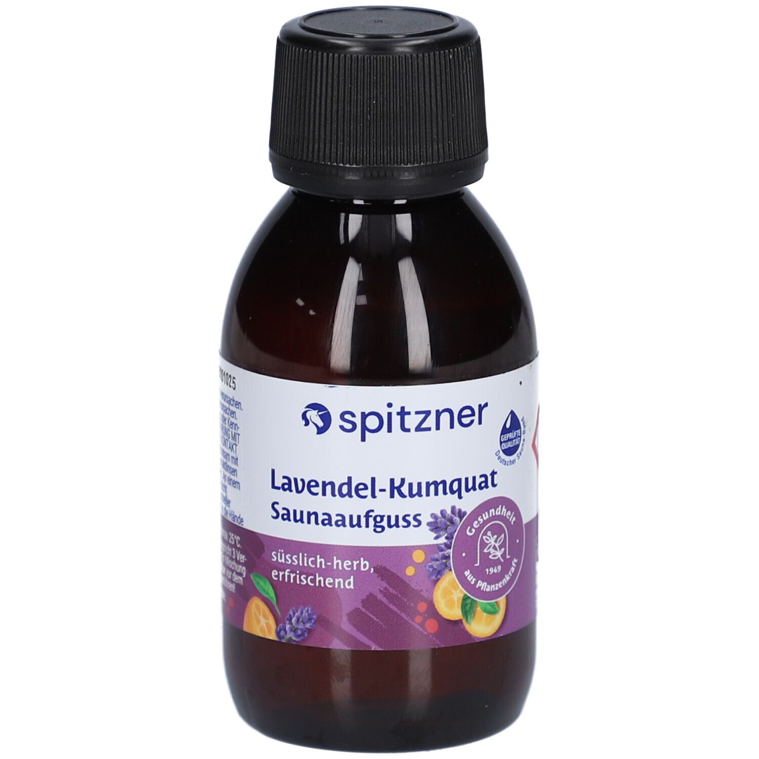 Braune Flasche mit schwarzem Verschluss. Etikett mit Produktnamen, Marke spitzner und Illustrationen von Lavendel und Kumquat. Gesundheitszeichen.