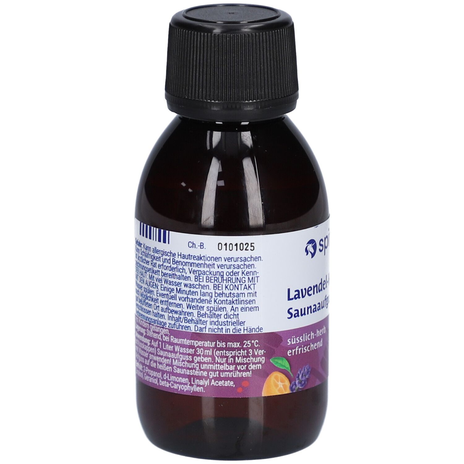 Braune Flasche mit schwarzem Verschluss. Etikett mit Produktinformationen und Warnhinweisen. Marke spitzner und Produktname sichtbar.